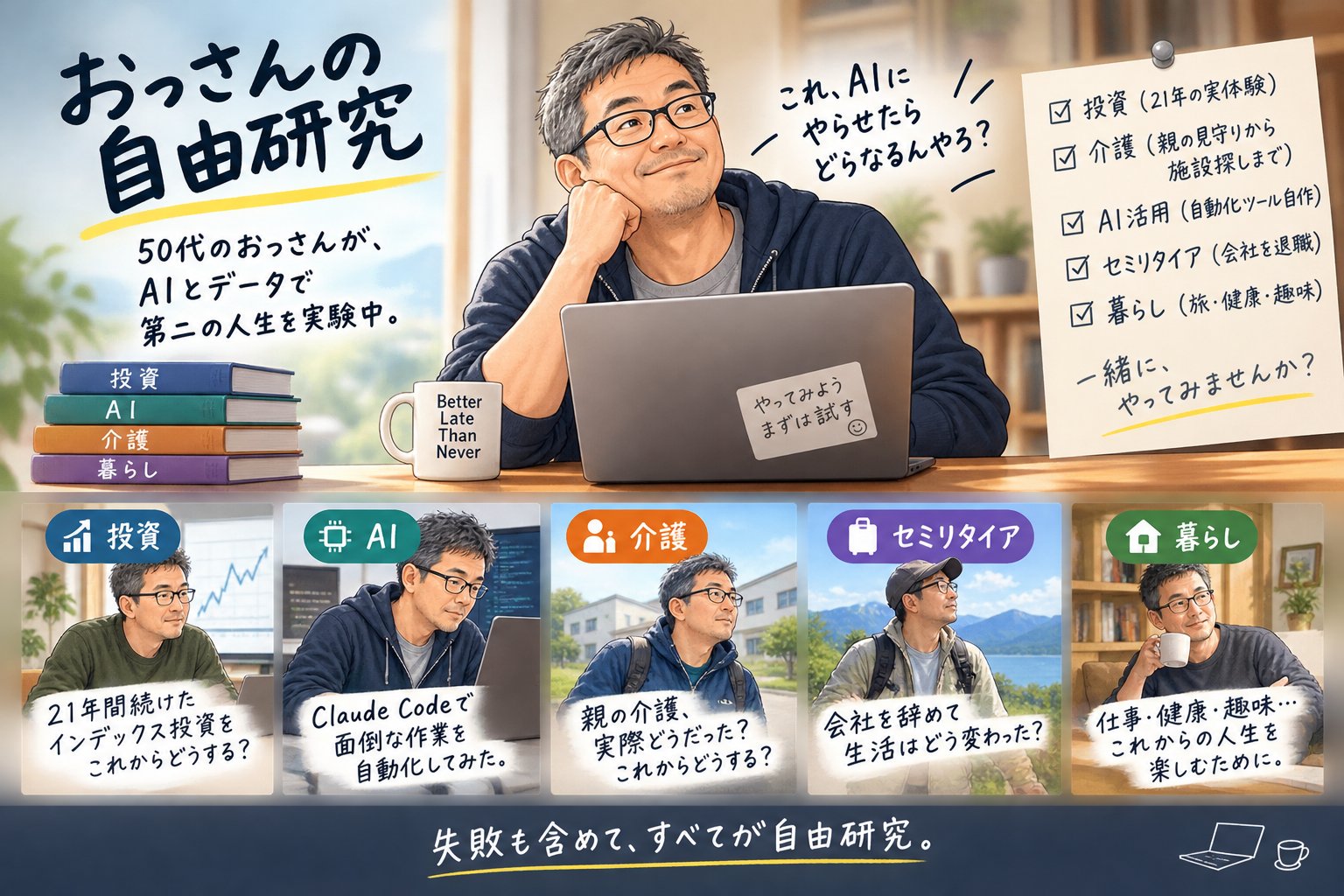 おっさんの自由研究。50代のおっさんが、AIとデータで第二の人生を実験中。投資・介護・AI活用・セミリタイア・暮らしの5テーマを扱う