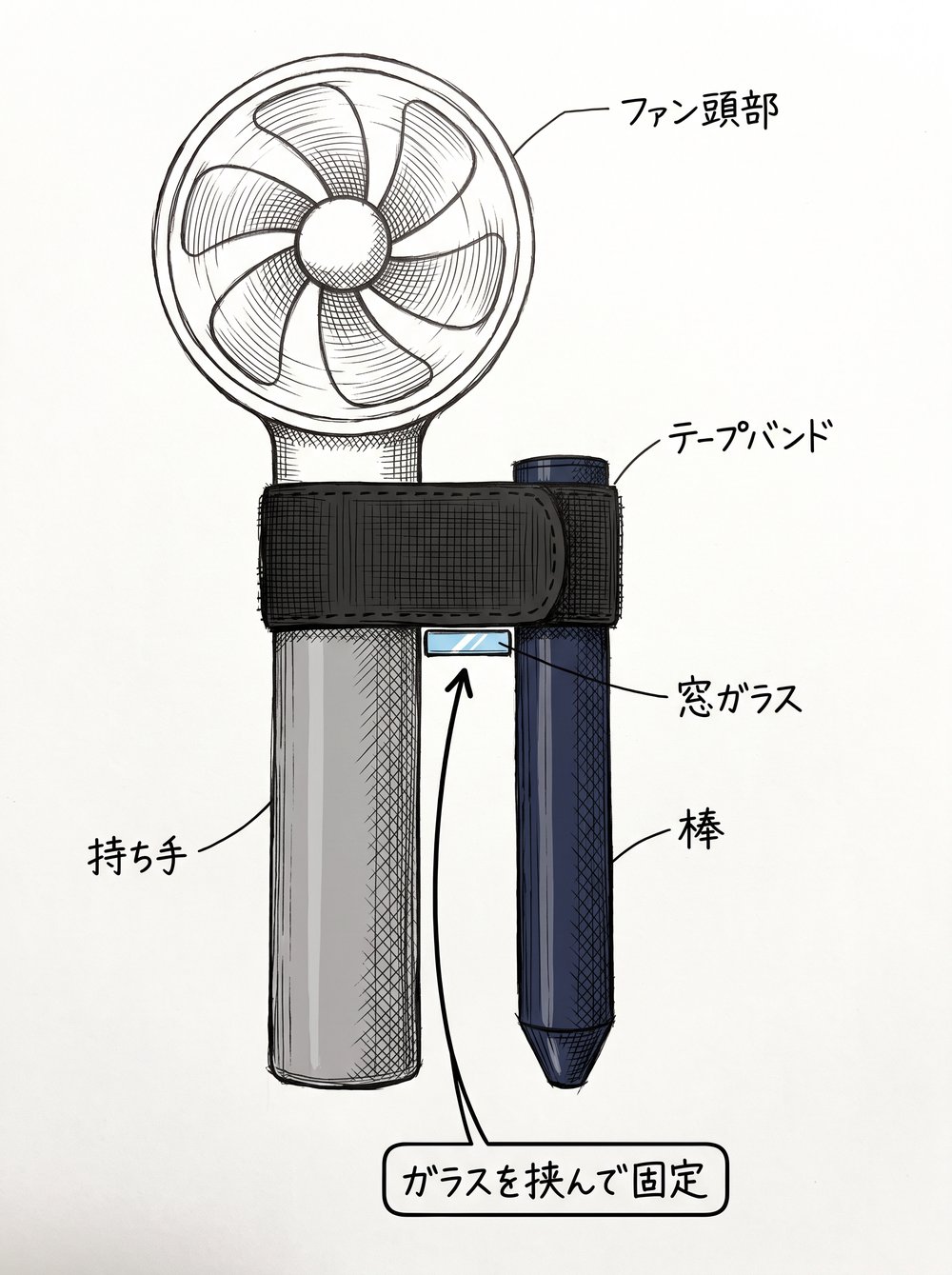ハンディファンと棒をテープバンドで束ね、窓ガラスを挟んで固定する自作換気扇の仕組み図